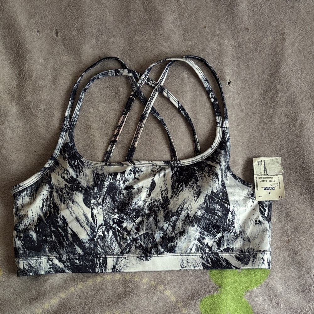Black, Blue, and White Patterned Sports Bra